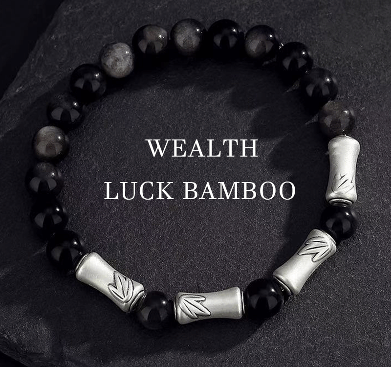 Colorhand Stones Obsidian sterling silver bamboo knot financial bracelet